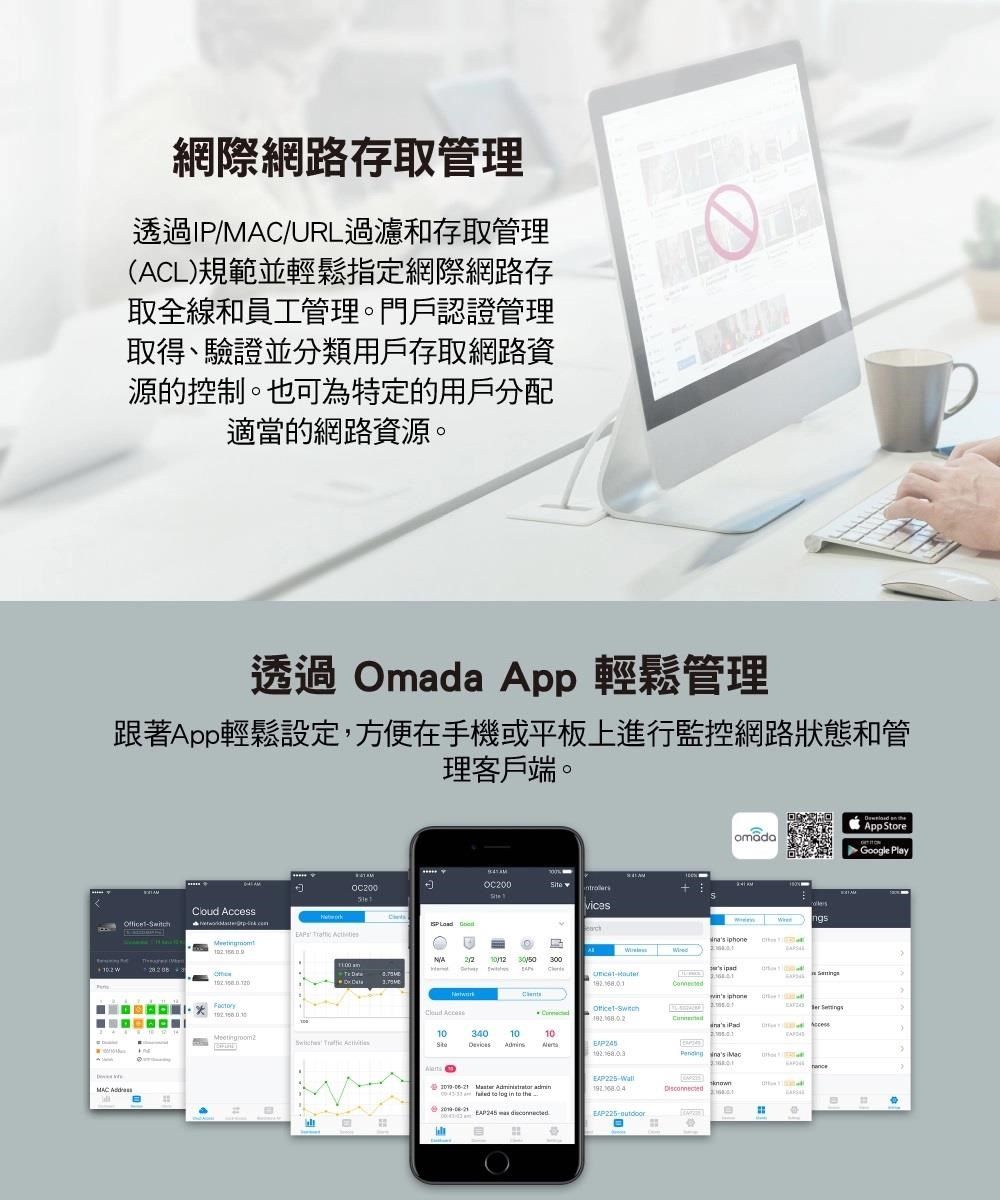 網際網路存取管理透過IP//URL過濾和存取管理(ACL)規範並輕鬆指定網際網路存取全線和員工管理。門戶認證管理取得、驗證並分類用戶存取網路資源的控制。也為特定的用戶分配適當的網路資源。透過 Omada App 輕鬆管理跟著App輕鬆設定,方便在手機或平板上進行監控網路狀態和管理客戶端。OC2可OC200Cloud Access      MAC omadaApp SreGoogle Play i  003 phone 10  3401010      00     to the--