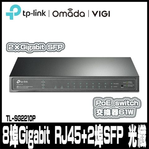 TP-Link TL-SG2210P 10埠 8埠Gigabit RJ45+2埠SFP 光纖端口智慧型PoE
