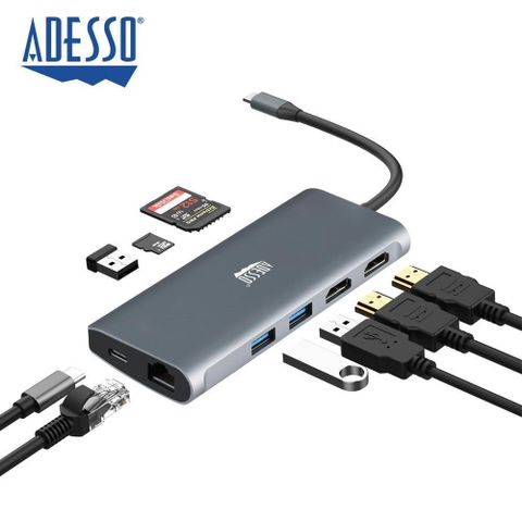 【南紡購物中心】 【ADESSO】9合1 Type-C 雙HDMI 支援8K 多功能轉接 HUB集線器 AUH-4040