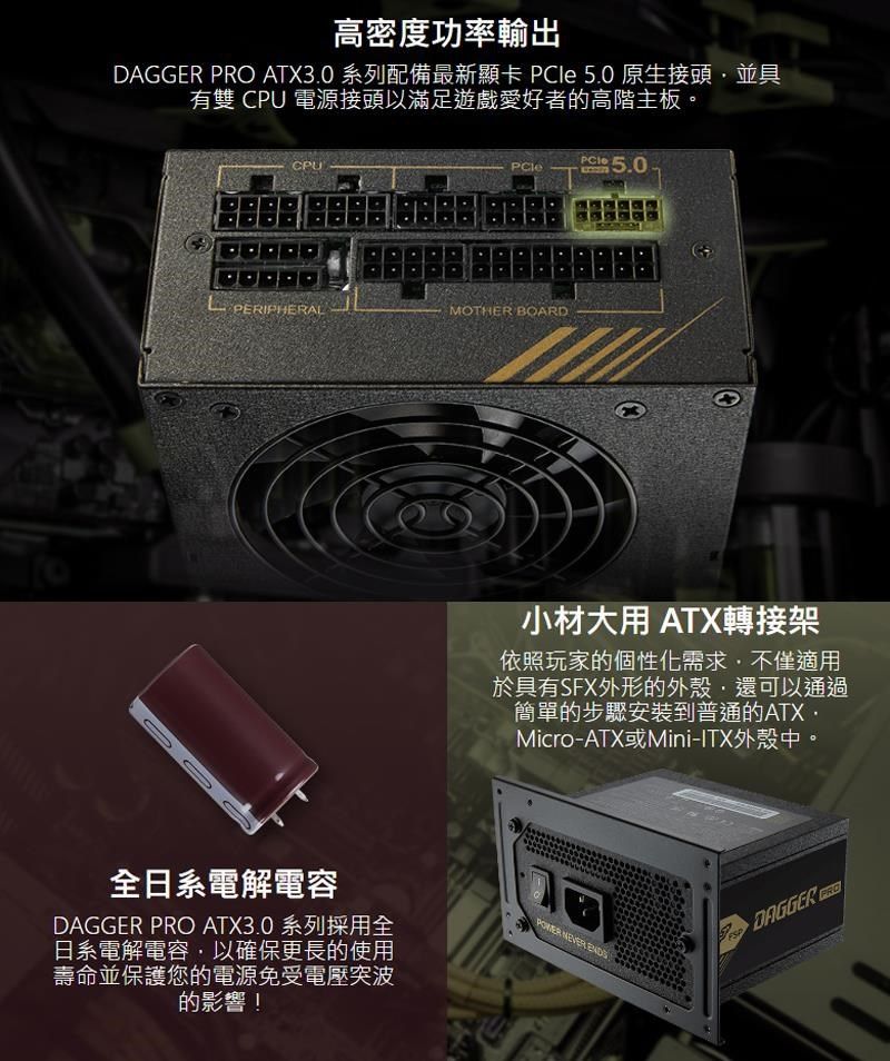 高密度功率輸出DAGGER  ATX3.0系列配備最新顯卡  5.0原生接頭並具有雙 CPU 電源接頭以滿足遊戲愛好者的高階主板。OCPU 5.0PCleLPERIPHERALMOTHER BOARD小材大用 ATX轉接架依照玩家的個性化需求不僅適用於具有SFX外形的外殼還可以通過簡單的步驟安裝到普通的ATXMicro-ATX或Mini-ITX外殼中。全日系電解電容DAGGER PRO ATX3.0 系列採用全日系電解電容,以確保更長的使用壽命並保護您的電源免受電壓突波的影響!  DAGGER PR