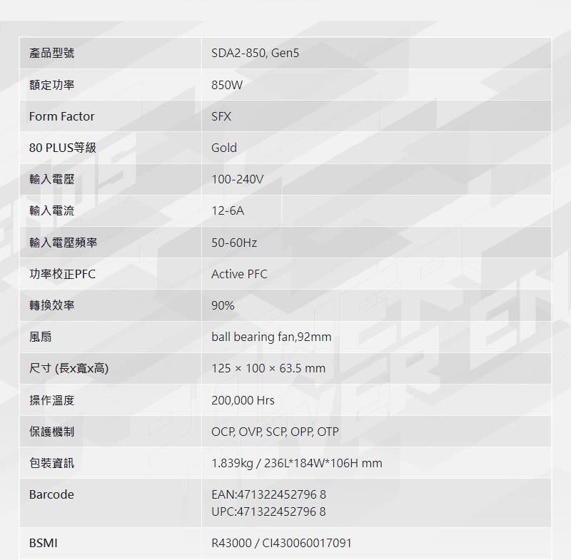 產品型號額定功率Form Factor0 PLUS等級輸入電壓輸入電流SDA2-850 Gen5850WSFXGold100-240V12-6A輸入電壓頻率功率校正PFC轉換效率風扇尺寸(長x寬x高)操作溫度保護機制包裝資訊BarcodeBSMI50-60HzActive PFC90%ball bearing fan92125 10063.5 mm200000 HrsOCP, OVP, SCP, OPP, OTP1.839kg/236L*184W*106H mmEAN:4713224527968UPC:471322452796 8R43000/CI430060017091