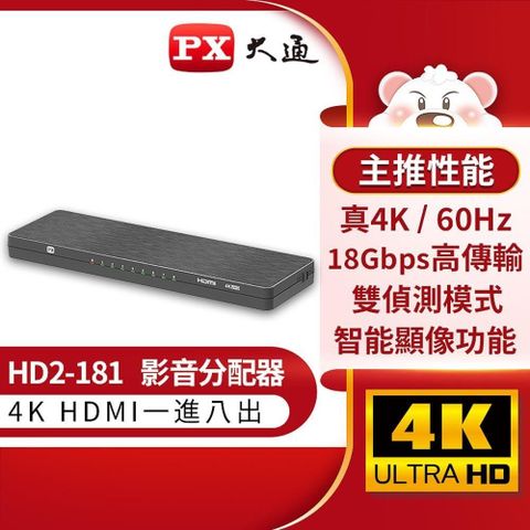 【南紡購物中心】 PX大通 HD2-181 1進8出 8埠 HDMI影音分配器 HDMI1分8 4K 電視牆首選 畫面同步