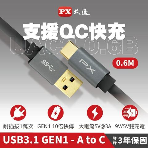【南紡購物中心】 PX大通 UAC3-0.6B USB3.1 Gen1 to USB-C Type-C 0.6M閃充快充0.6米充電傳輸線 黑色