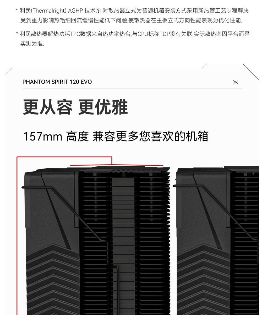 利民(Thermalright) AGHP技术:针对散热器立式为普遍机箱安装方式采用新热管工艺制程解决受到重力影响热毛细回流缓慢性能低下问题,使散热器在主板立式方向性能表现为优化性能* 利民散热器解热功耗TPC数据来自热功率热台,与CPU标称TDP没有关联,实际散热率因平台而异实测为准PHANTOM SPIRIT 120 EVO更从容 更优雅157mm 高度 兼容更多您喜欢的机箱