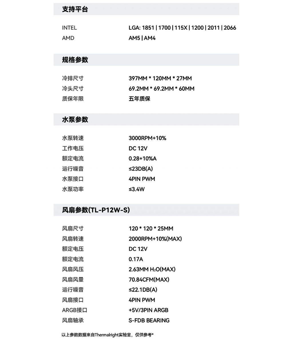 支持平台INTELAMDLGA: 1851 | 1700|115X|1200|2011|2066AM5|AM4规格参数冷排尺寸冷头尺寸质保年限水泵参数397MM*120MM*27MM69.2MM*69.2MM*60MM五年质保水泵转速工作电压额定电流运行噪音水泵接口水泵功率3000RPM+10%DC 12V0.28+10%A≤23DB(A)4PIN PWM≤3.4W风扇参数(TL-P12W-S)风扇尺寸风扇转速额定电压额定电流风扇风压风扇风量运行噪音风扇接口120*120*25MM2000RPM+10%(MAX)DC 12V0.17A2.63MM (MAX)70.84CFM(MAX)ARGB接口风扇轴承≤22.1DB(A)4PIN PWM+5V/3PINARGBS-FDB BEARING以上参数数据来自Thermalright实验室,仅供参考