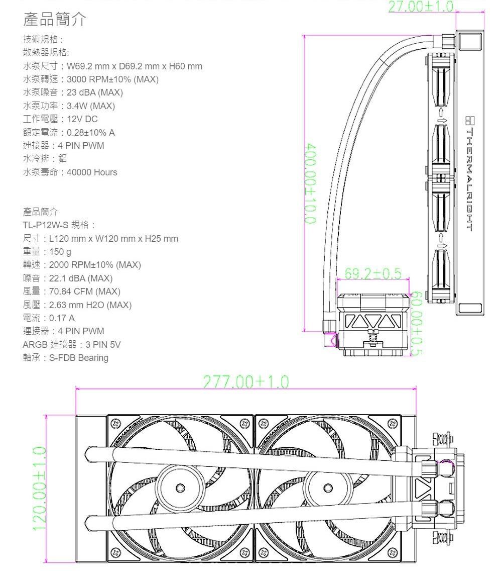 產品簡介技術規格:散熱器規格: W69.2 mm  D69.2 mm x H60 mmK3000 RPM10% (MAX) dBA (MAX)水泵功率:3.4W (MAX)12V DC額定電流:0.2810% A4 PIN PWM水冷排:鋁 Hours產品簡介TL-P12W-SRL120 mm x W120 mm x H25 mm重量:150g2000 RPM10% (MAX)22.1 dBA (MAX)70.84 CFM (MAX)2.63 mm H2O (MAX)電流:0.17 4 PIN PWMARGB 連接器: 3 PIN 5V軸承:S-FDB Bearing120.001.0400.0010.0277.001.027.001.069.20.5THERMALRIGHT60.00±0.5