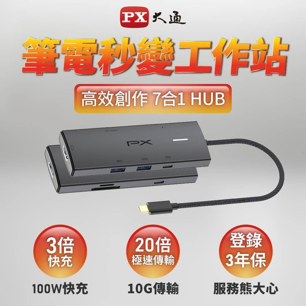 PX 大通 7合1 TYPE C HUB CX7-21S 4K@60 10G SD卡 100W快充 USB3.2
