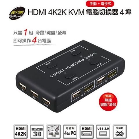 【南紡購物中心】 伽利略 HDMI 4K2K KVM 電腦切換器 4埠 手動+電子式
