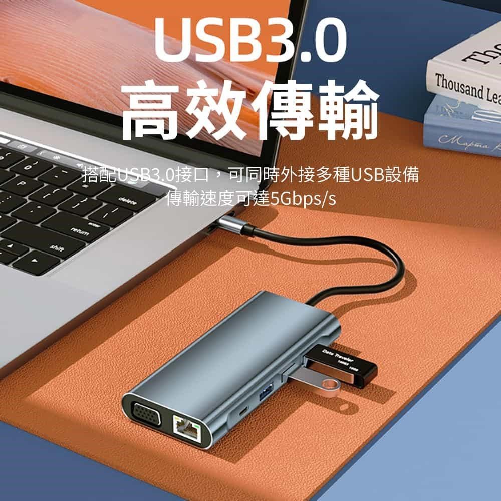 時尚玩家 【南紡購物中心】 Type-C 十合一多功能hub傳輸擴充集線器(USB3.0擴展塢/PD快充/HDMI 4K/網口/SD/TF)