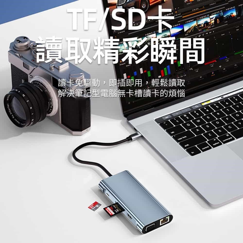 時尚玩家 【南紡購物中心】 Type-C 十合一多功能hub傳輸擴充集線器(USB3.0擴展塢/PD快充/HDMI 4K/網口/SD/TF)