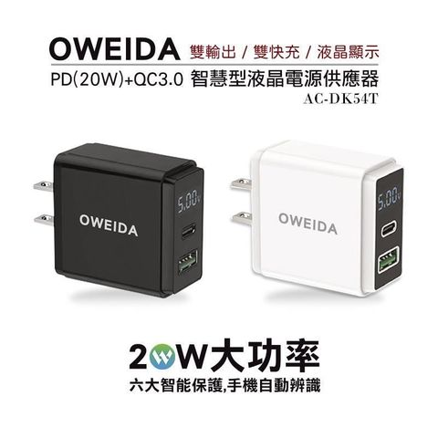 Oweida 歐威達 【南紡購物中心】  20W PD+QC3.0智慧型液晶電源顯示充電器 AC-DK54T