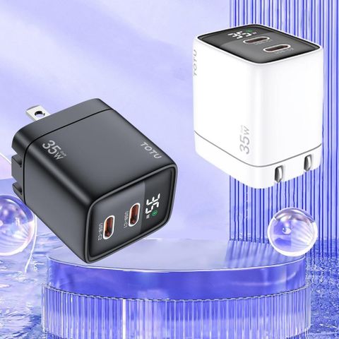 TOTU 【南紡購物中心】 雙孔 Type-C/PD/GaN氮化鎵充電器充電頭快充頭閃充頭 USB PD3.0(PPS)/QC3.0 數顯 35W 閃速系列 