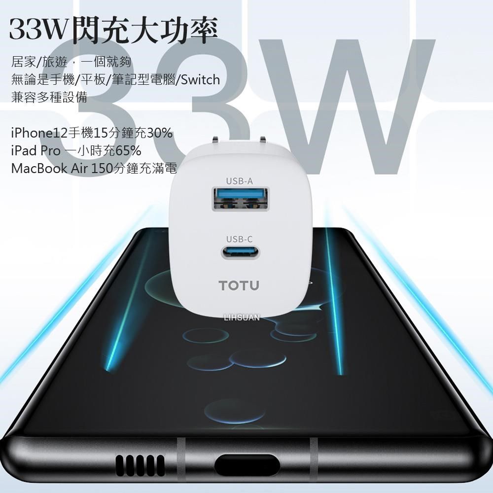 TOTU 【南紡購物中心】 33W 雙孔 PD/TypeC/iPhone/GaN氮化鎵充電器充電頭快充頭閃充頭 PD3.0(PPS) QC3.0 USB 閃速