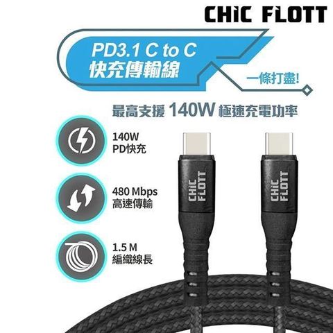 【南紡購物中心】 CHIC FLOTT 140W PD3.1 USB-C to C 150cm 快充傳輸線(CF01)