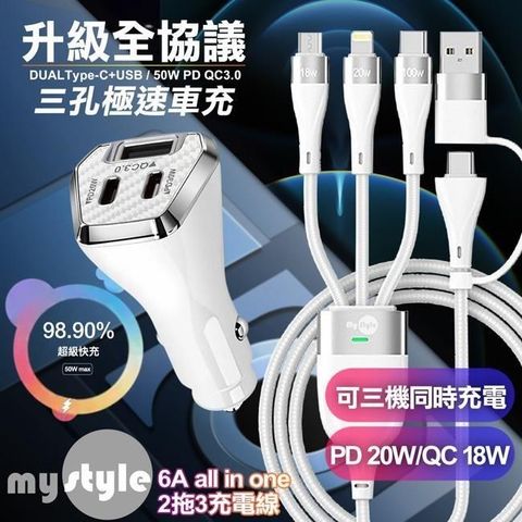 【南紡購物中心】 CB   50W三孔急速智能車充(雙TypeC+USB)-白+MyStyle 二出三 6用型快充線-白