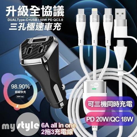 【南紡購物中心】 CB   50W三孔急速智能車充(雙TypeC+USB)-黑+MyStyle 二出三 6用型快充線-白