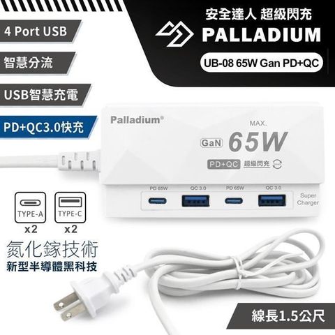 Palladium 安全達人 UB-08 65W Gan氮化傢PD+QC USB超級閃充電源供應器 4孔