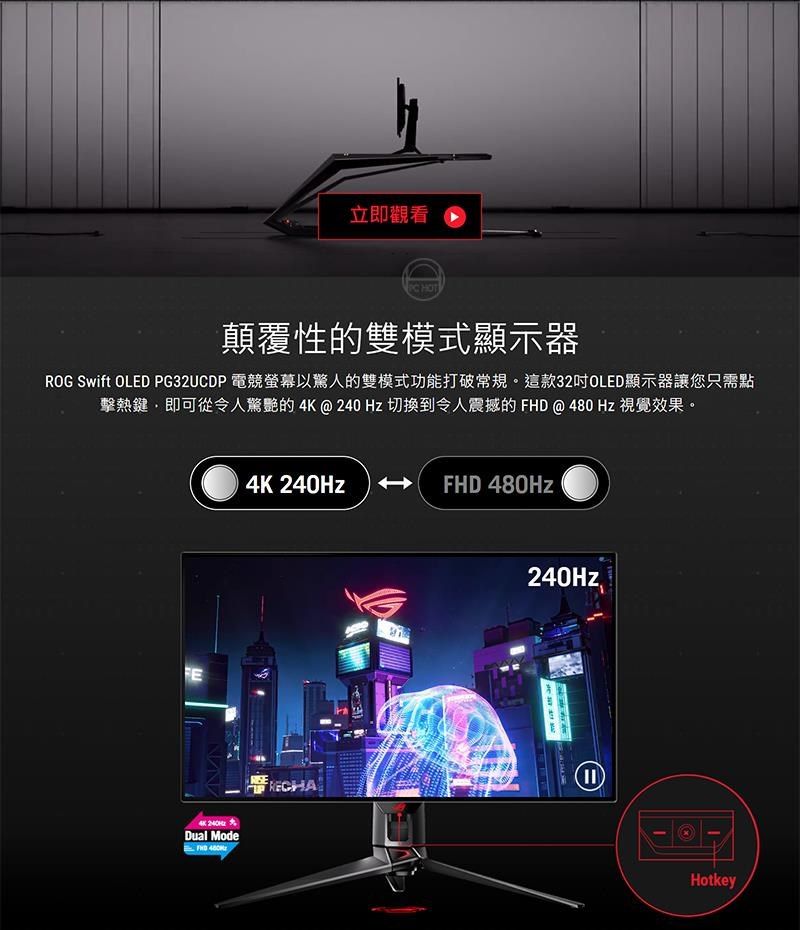 立即觀看 HOT顛覆性的雙模式顯示器ROG Swift OLED PG32UCDP 電競螢幕以驚人的雙模式功能打破常規。這款32吋OLED顯示器讓您只需點擊熱鍵即可從令人驚艷的4K@24Hz 切換到令人震撼的FHD@480Hz 視覺效果。Dual Mode4K 240HzFHD 480HzFRECHA240Hz0Hotkey