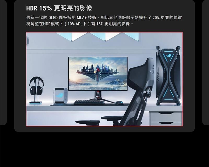 HDR 15% 更明亮的影像最新一代的 OLED 面板採用 MLA+技術·相比其他同級顯示器提升了20%更寬的觀賞視角並在HDR模式下(10%APL下)有15%更明亮的影像。