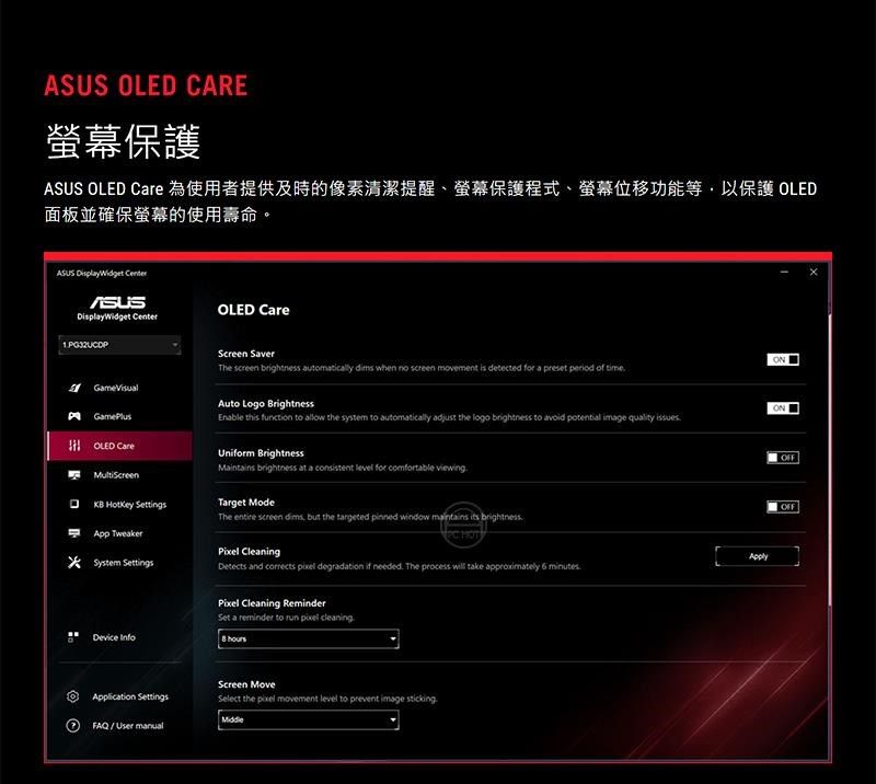 CARE螢幕保護 OLED  為使用者提供及時的像素清潔提醒、螢幕保護程式、螢幕位移功能等以保護 OLED面板並確保螢幕的使用壽命。ASUS  ASUSDisplyWidget CenterOLED CareScreen SaverGameVisualGamePlusOLED CareThe     when no screen movement is detected  a preset  of timeAuto Logo BrightnessEnable  function to allow the system to automically adjust the logo  to avoid potential image quality Unorm Brightness HotKey tings  at a   for  viewingTarget ModeThe  screen dims  the targeted pinned window   brightness App TweakerPixel CleaningApplySystem Settings and   degradation if needed The process  take approximately 6 Pixel Cleaning ReminderSet a  to     hoursScreen MoveApplication SettingsSelect the pixel movement level to prevent image stickingFAQ/User manualOFF