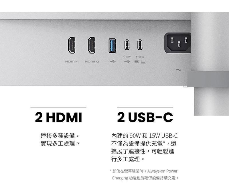 -22 HDM連接多種設備,實現多工處理。-1I2 USB-C內建的90W 15W USB-C不僅為設備提供充電*,還擴展了連接性,可輕鬆進行多工處理。*即使在關閉時,Always-on PowerCharging 功能也能確保設備持續充電。