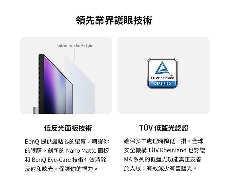 領先業界護眼技術Reduce the reflective lightTÜVRheinlandCERTIFIED低反光面板技術BenQ 提供最貼心的,呵護你的眼睛。創新的Nano Matte 面板和 BenQ Eye-Care 技術有效消除反射和眩光,保護你的視力。TÜV 低藍光認證確保多工處理時降低干擾。全球安全機構 TÜV Rheinland 也認證MA 系列的低藍光功能真正友善於人眼,有效減少有害藍光。