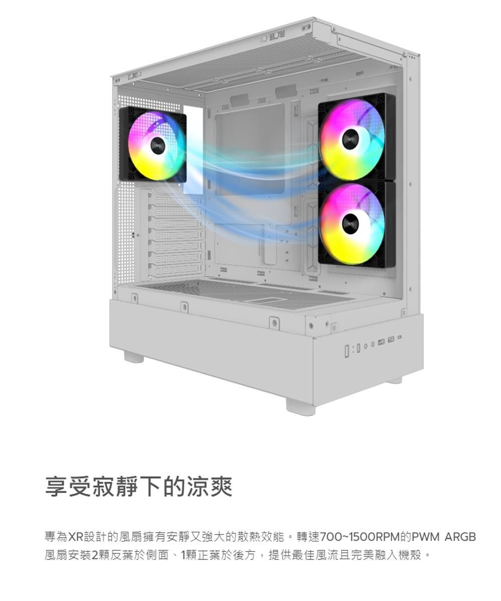 享受寂靜下的涼爽0:專為XR設計的風扇擁有安靜又強大的散熱效能。轉速700~1500RPM的PWM ARGB風扇安裝2反葉於側面、1顆正葉於後方,提供最佳風流且完美融入機殼。