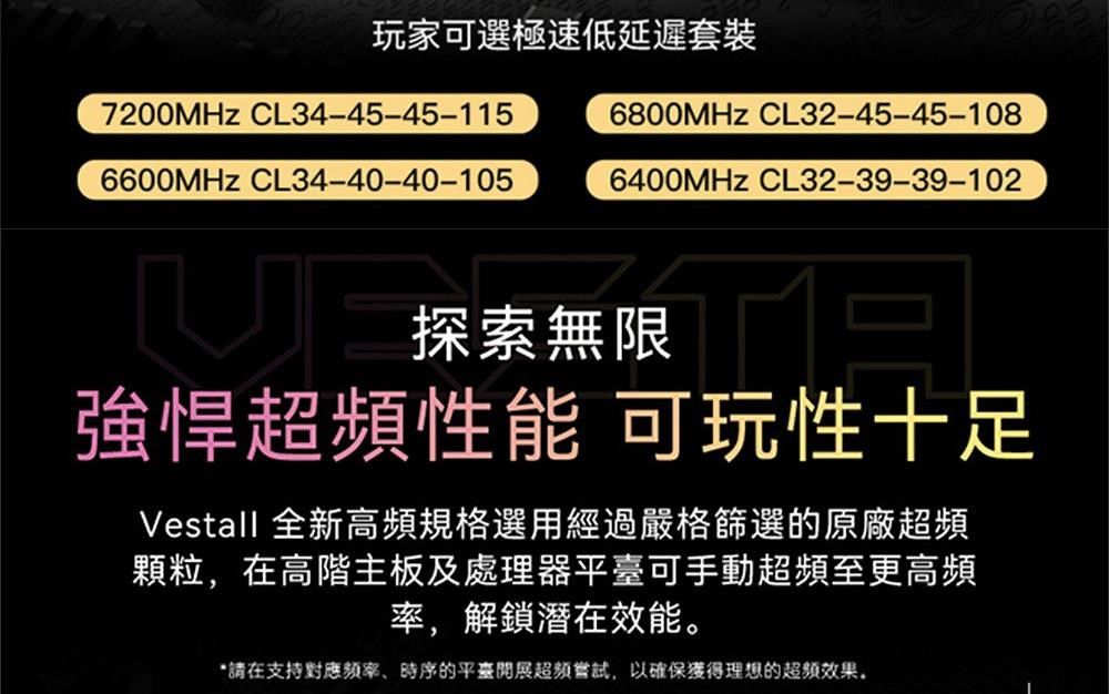 玩家可選極速低延遲套裝7200MHZ CL34-45-45-1156800MHZ CL32-45-45-1086600MHz CL34-40-40-1056400MHz CL32-39-39-102探索無限強悍性能 可玩性十足Vestall 全新高頻規格選用經過嚴格篩選的原廠超頻顆粒,在高階主板及處理器平臺可手動超頻至更高頻率,解鎖潛在效能*請在支持對應的平臺開展超頻嘗試,以確保獲得理想的超頻效果。