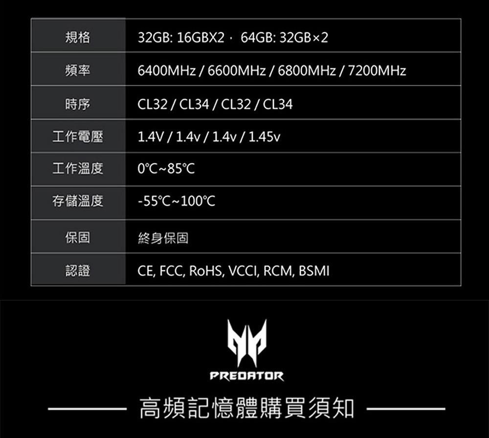 規格頻率32GB: 16GBX2.64GB: 32GB2640MHz/6600MHz/6800MHz/7200MHz時序L32 / L34/L32/CL34工作電壓1.4V/1.4v/1.4v/1.45v工作溫度0C85C存儲溫度-55C100C保固終身保固認證CE, FCC, RoHS, VCCI, RCM, BSMIPREDATOR高頻記憶體購買須知