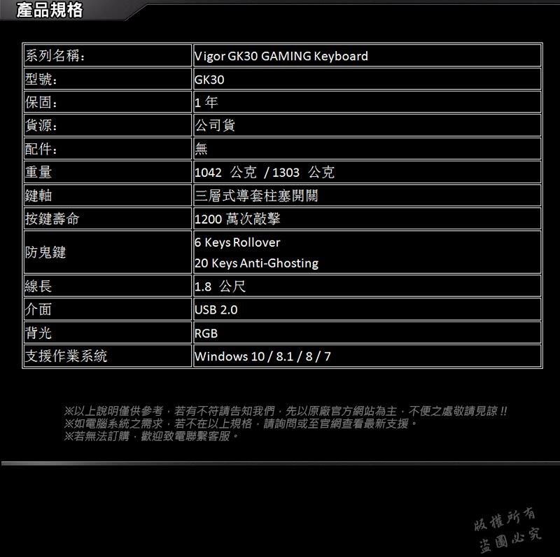 產品規格系列名稱型號:保固::配件:重量鍵軸按鍵壽命防鬼鍵線長介面背光支援作業系統Vigor GK30 GAMING KeyboardGK301年公司無1042公克/1303 公克三層式導套柱塞開關10萬次敲擊6 Keys Rollover 20 Keys Anti-Ghosting1.8公尺 USB 2.0RGB Windows 10/8.1/8/7以上說明僅供參考若有不符請告知我們先以原廠官方網站為主,不便之處敬請見諒!!※如電腦系統之需求,若不在以上規格,請詢問或至官網查看最新支援。※若無法訂購,歡迎致電聯繫客服。版權所有盜圖必究