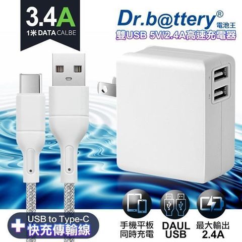 【南紡購物中心】 Dr.battery電池王5V 2.4A雙輸出USB充電器+高密編織 Type-C USB充電線100cm(淺灰)