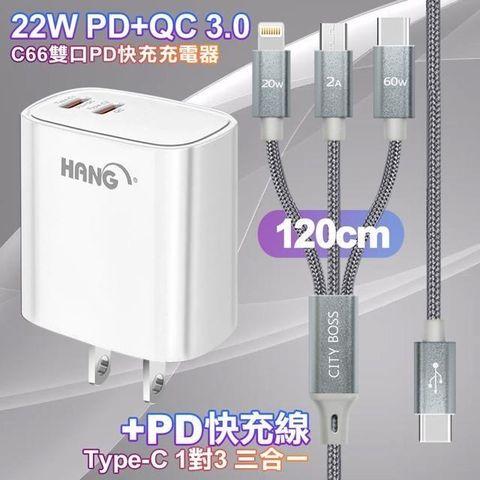 HANG 【南紡購物中心】  C66白 22W 雙Type-C輸出充電器 +TypeC 1對3 PD快速閃充線三合一(120cm灰)