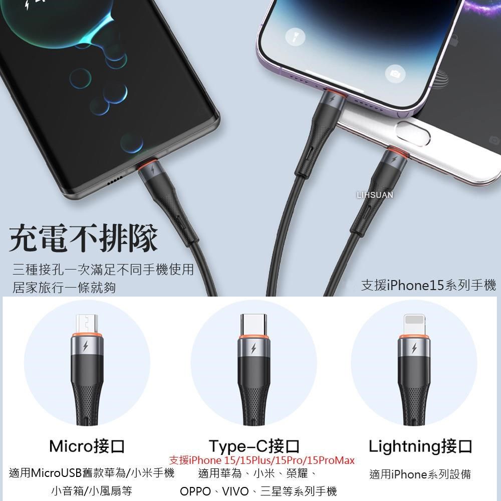 TOTU 【南紡購物中心】  一分三 Lightning/安卓MicroUSB/TypeC/iPhone充電線傳輸線快充線 液態矽膠 CB-2系列 120cm 支援iPhone 15 系列