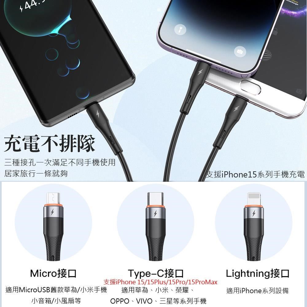 TOTU 【南紡購物中心】  一分三 Lightning/安卓MicroUSB/Type-C/iPhone充電線傳輸線快充線 液態矽膠 CB-3系列 120cm 支援iPhone 15 系列