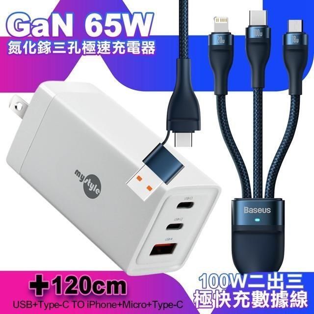 MYstyle 【南紡購物中心】  65W GaN氮化鎵極速充電器-白+倍思 閃速二100W 二出三快速充電線120cm-藍