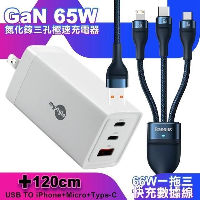 MYstyle 【南紡購物中心】    65W GaN氮化鎵極速充電器-白+倍思 66W 一出三快速充電線120cm-藍