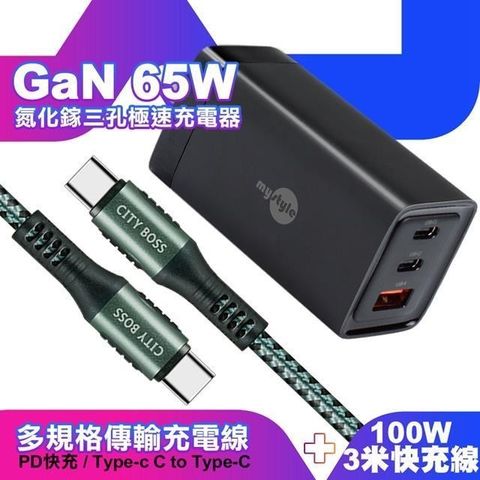 MYstyle 【南紡購物中心】    65W GaN氮化鎵極速充電器-黑+勇固耐彎折100W編織快充線 Type-C to Type-C -300cm-綠