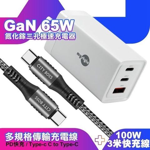 MYstyle 【南紡購物中心】    65W GaN氮化鎵極速充電器-白+勇固耐彎折100W編織快充線 Type-C to Type-C -300cm-灰