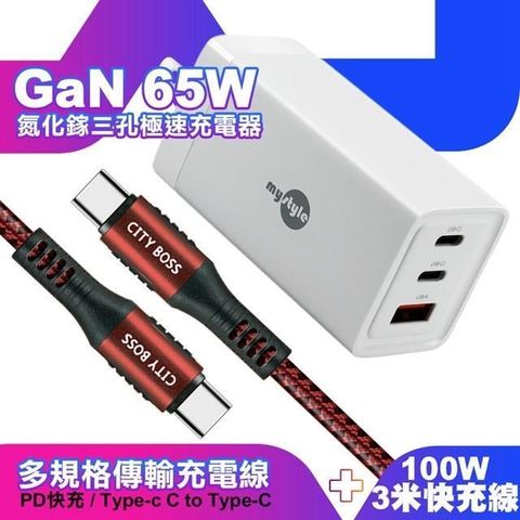 MYstyle 【南紡購物中心】    65W GaN氮化鎵極速充電器-白+勇固耐彎折100W編織快充線 Type-C to Type-C -300cm-紅