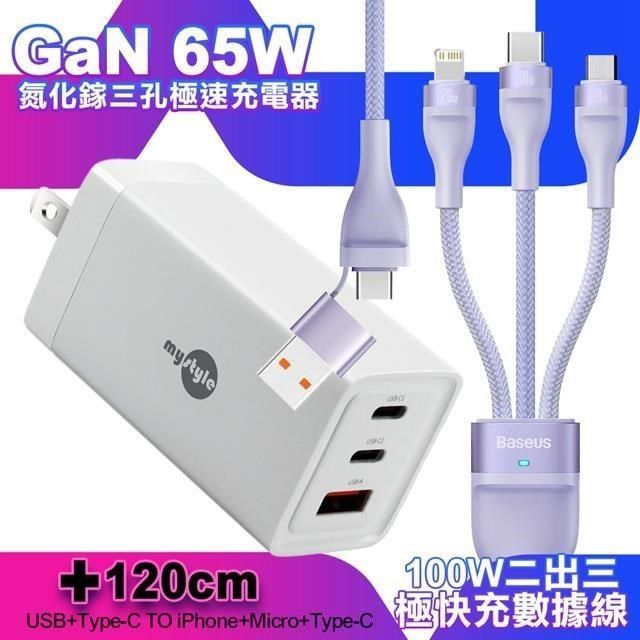 MYstyle 【南紡購物中心】    65W GaN氮化鎵極速充電器-白+倍思 閃速二100W 二出三快速充電線120cm-紫