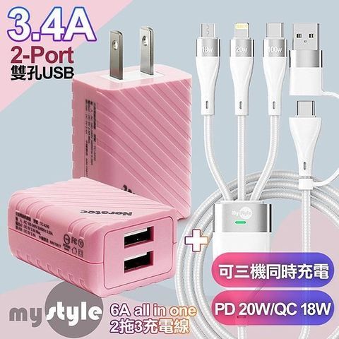 MYstyle 【南紡購物中心】 Noratec   A340雙USB輸出-粉+ 二出三 6用型快充線-白