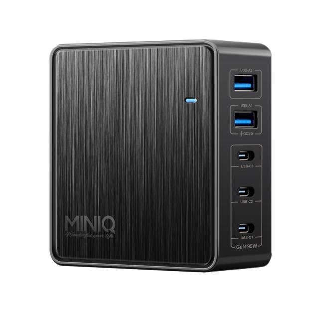 miniQ 【南紡購物中心】 -AC-DK200T氮化鎵五孔2A3C 95W 充電器-黑+MyStyle 二出三 6用型快充線-白