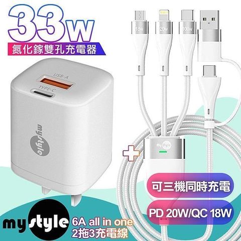 MyStyle Gan33w氮化鎵PD雙孔-白+MyStyle 二出三 6用型快充線-白