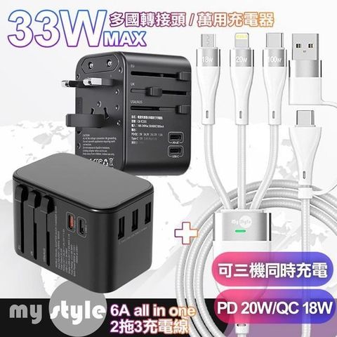 【南紡購物中心】 CITY萬用轉接頭急速充電器33W   PD快充-黑+MyStyle 二出三 6用型快充線-白