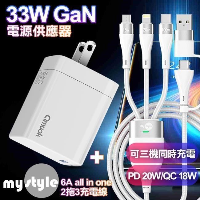  【南紡購物中心】 amuok   GaN氮化鎵33W 雙孔急速充電器白+MyStyle 二出三 6用型快充線-白