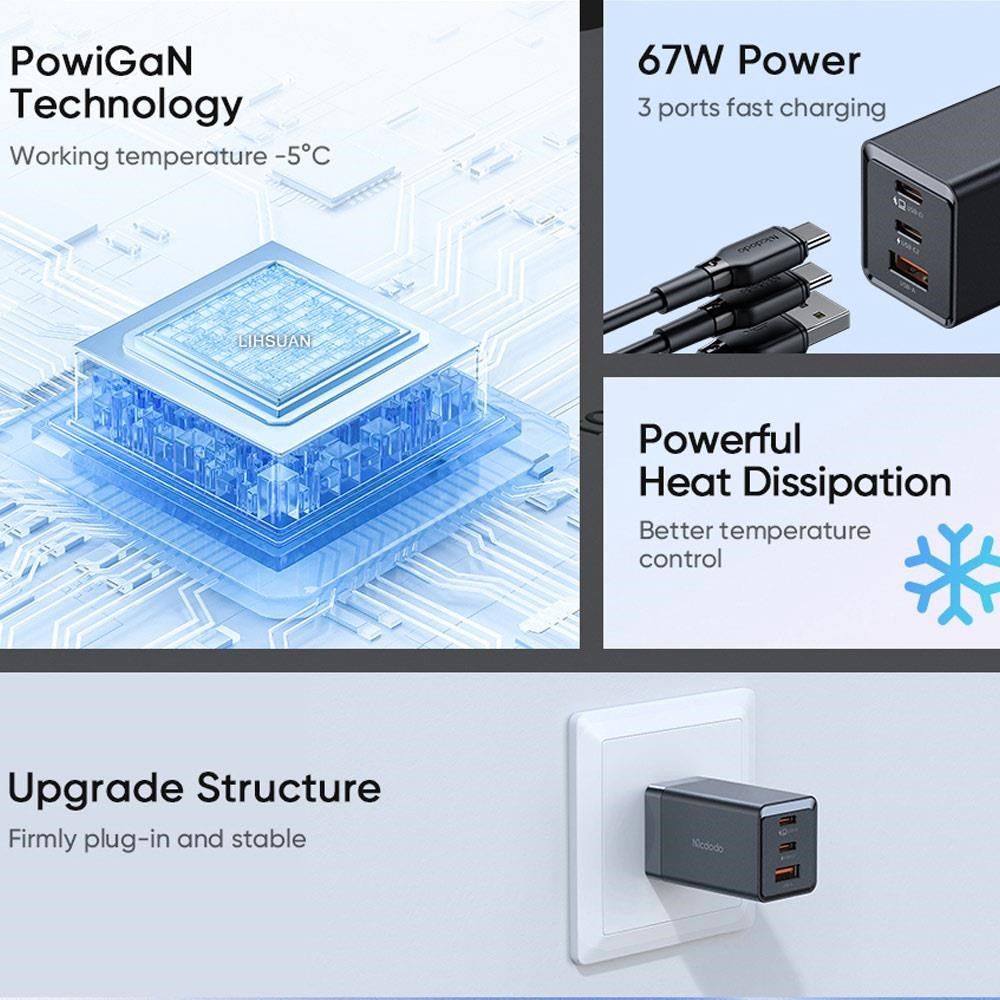 Mcdodo 麥多多 【南紡購物中心】 三孔 67W GaN氮化鎵 Type-C TO Lightning PD快充充電器充電線充電頭閃充頭快充線套裝 戰皇&nbsp;