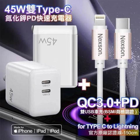CITYBOSS 45W雙Type-C口氮化鎵白+NEXSON 蘋果認證 Type-C to Lightning玫瑰金