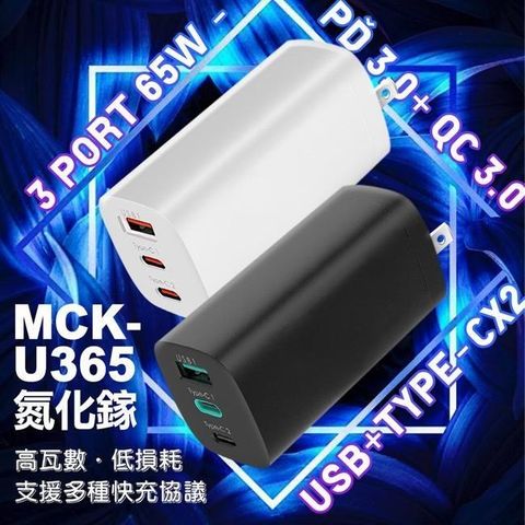 【南紡購物中心】 SHOWHAN   65W 三孔 氮化鎵快充充電器MCK-U365