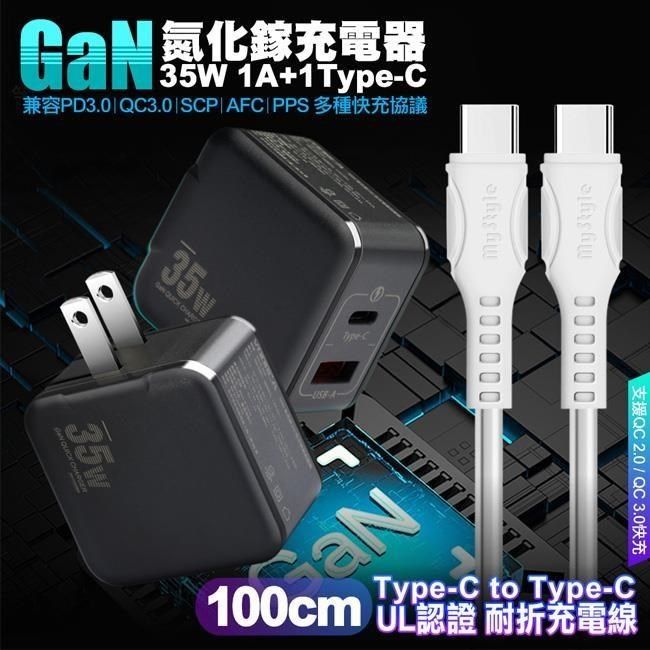  精裝1C+1A孔35W氮化鎵充電器(黑)+國際UL認證線 C to C 快充線1m iphone16/15