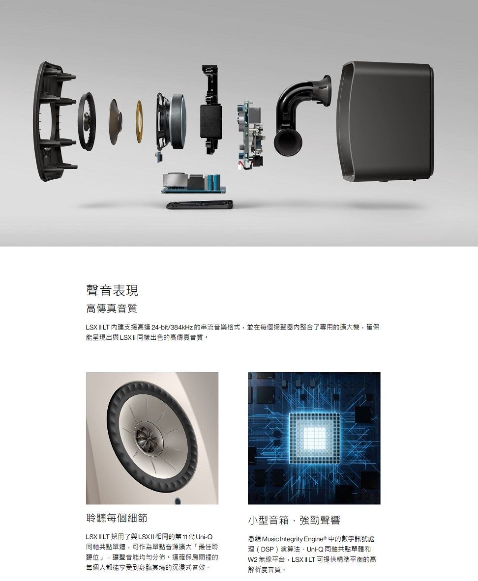 聲音表現高傳真音質LSXII LT 建支援高達24-bit/384kHz 的串流音樂格式,並在每個揚聲器內整合了專用的擴大機,確保能呈現出與LSX II 同樣出色的高傳真音質。聆聽每個細節LSX II LT 採用了與LSXII相同的第11代Uni-Q同軸共點單體,可作為單點音源擴大「最佳聆聽位」,讓聲音能均勻分佈。這確保房間裡的每個人都能享受到身臨其境的沉浸式音效。小型音箱,強勁聲響憑藉 Music Integrity Engine® 中的數字訊號處理(DSP)演算法、Uni-Q同軸共點單體和W2 無線平台,LSX II LT 可提供精準平衡的高解析度音質。
